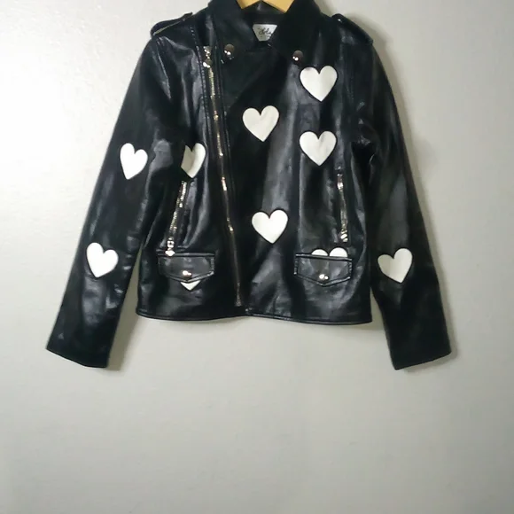 Lola Black Leather Jacket with White Heart Details - Picture 1 of 6